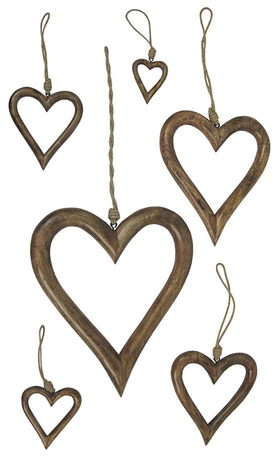 Mango Wood Set of 6 Hanging Hearts Hollow